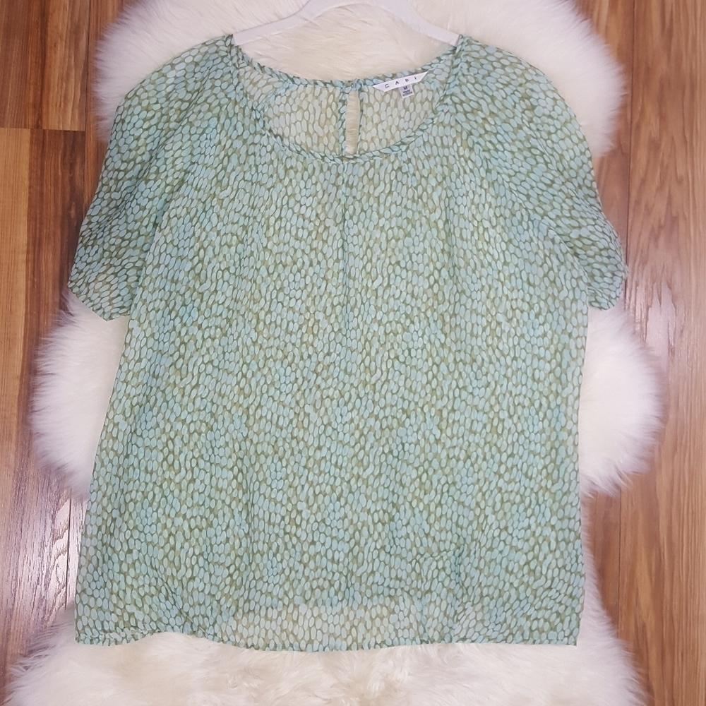 Cabi Green and Blue Dot Semi Sheer Blouse Medium